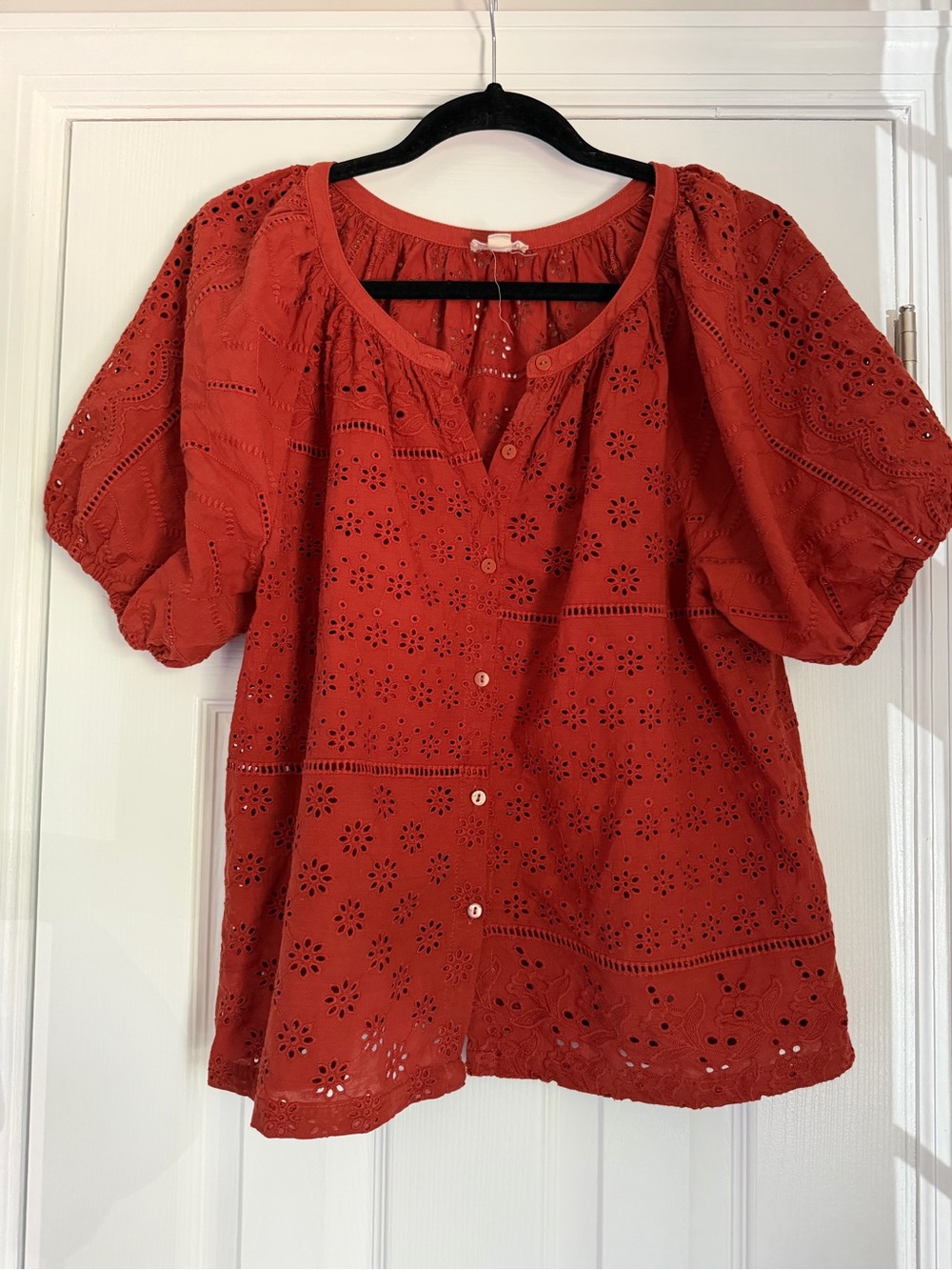 Women’s Burnt Orange Eyelet Button-Front Top